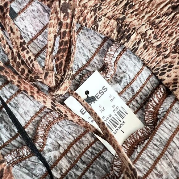 Express Mini Dress Womens Large Brown Smocked Snake Print Spaghetti Strap new - Picture 2 of 10